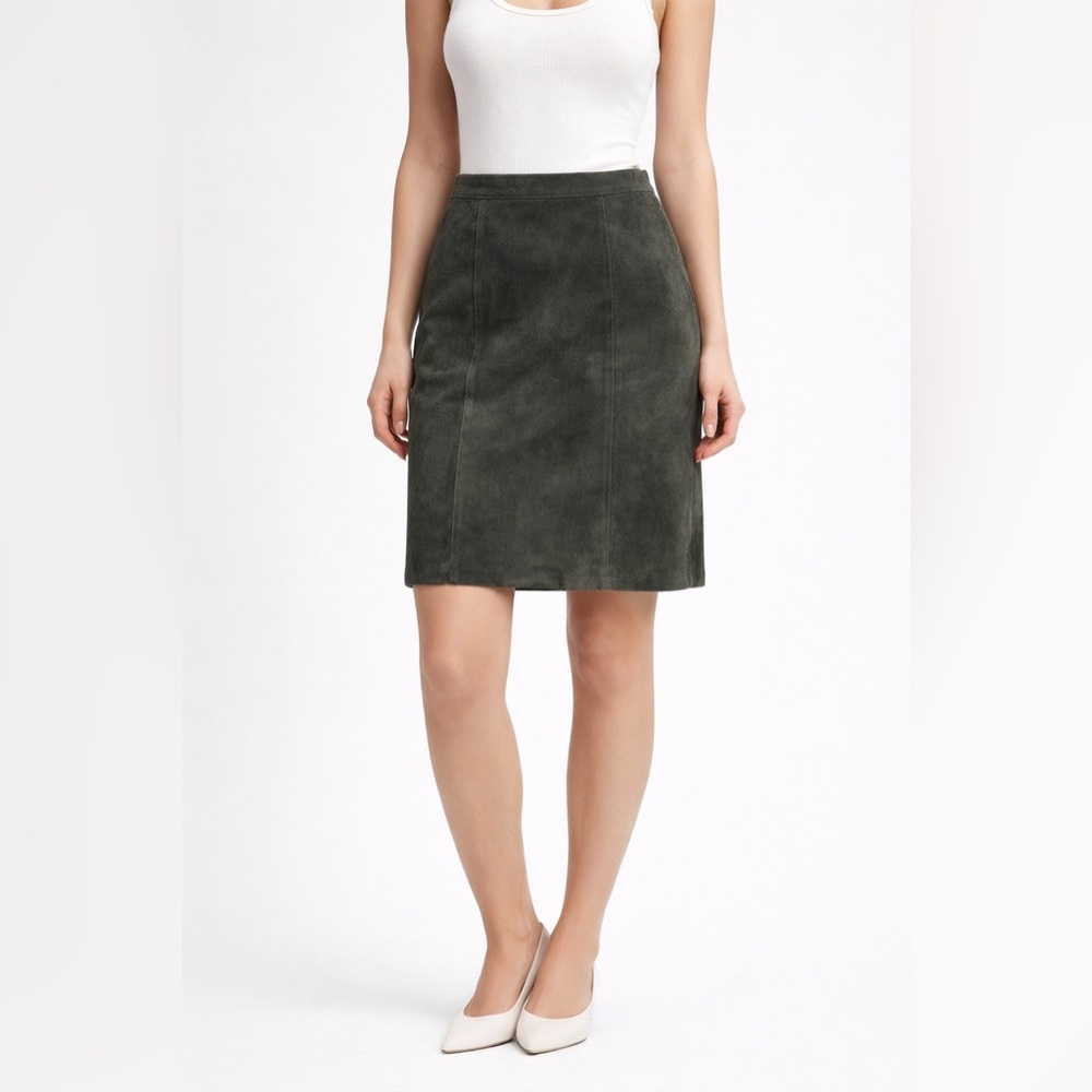 Vintage Women Global Identity Suede Leather Straight Pencil Skirt Green